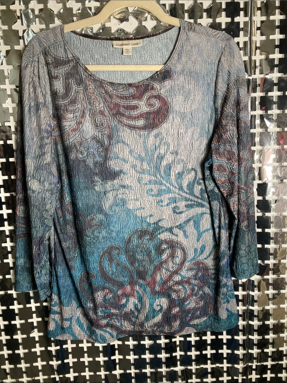 Coldwater Creek Teal and Blue Paisley Long-Sleeve Top
